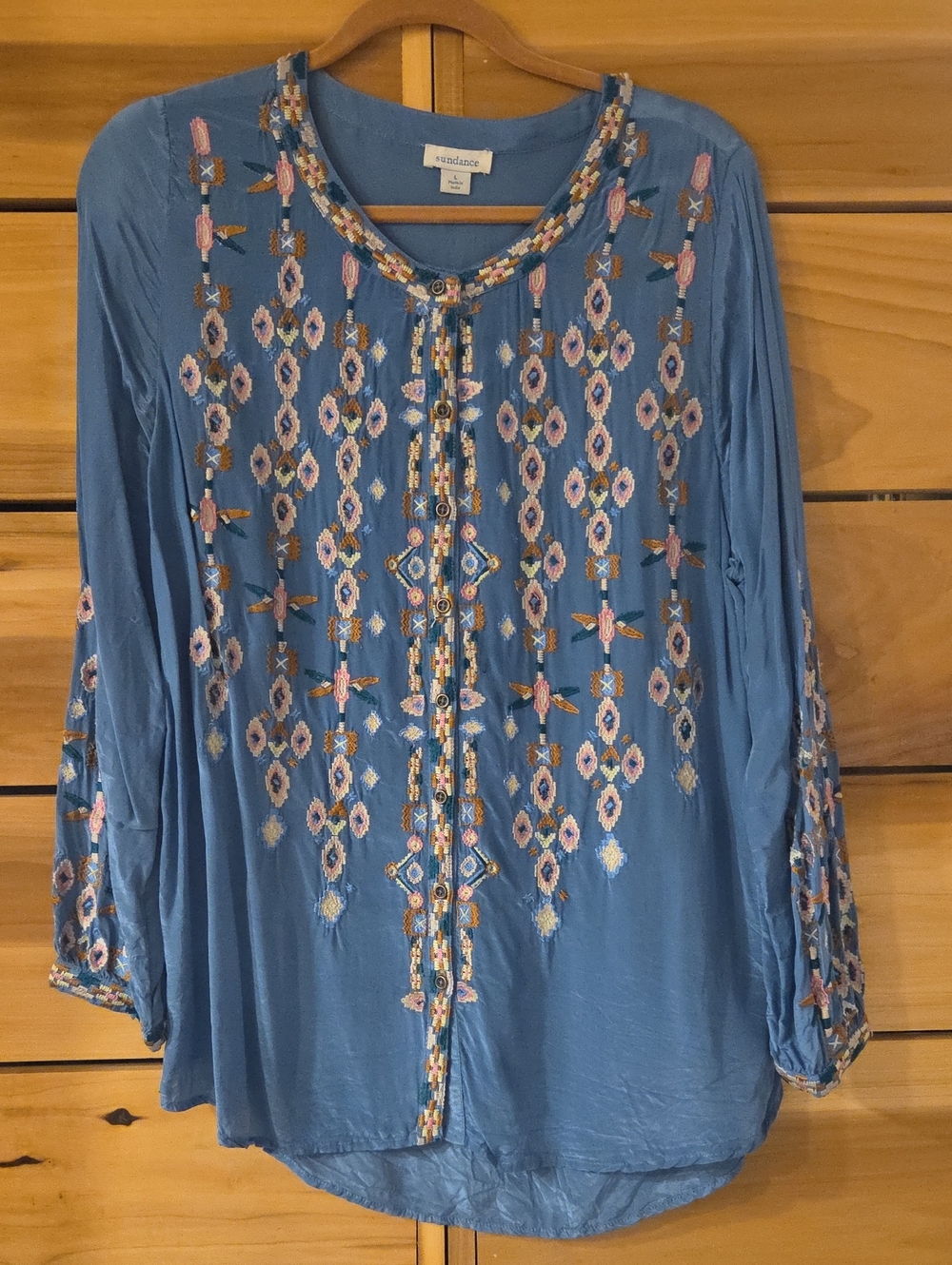 Sundance Size L Blue Heavily Embroidered Peasant Blouse